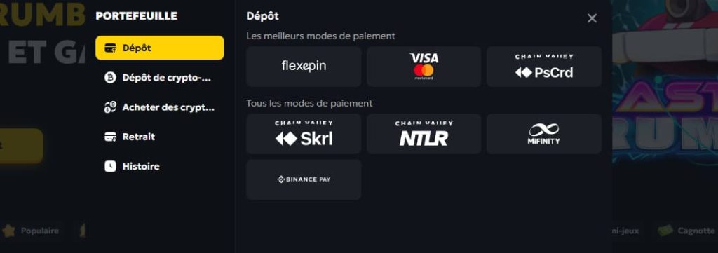 Casabet Casino moyens paiement dépôt